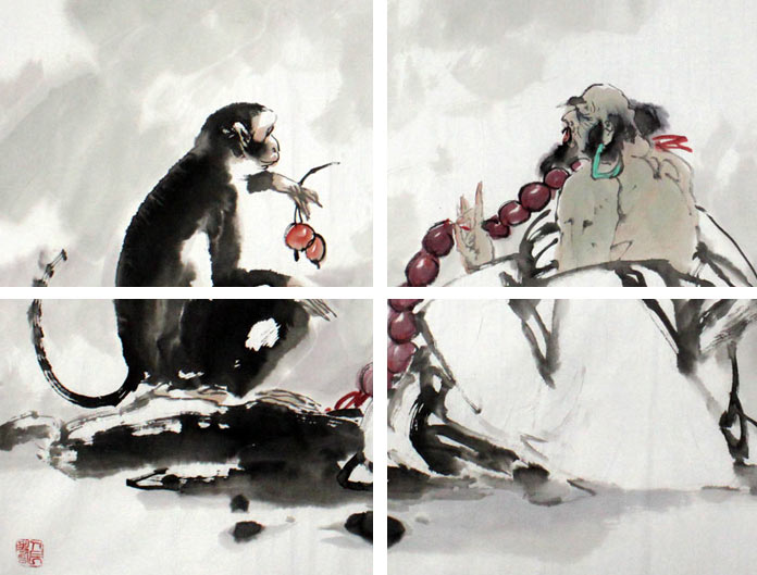 魏武雙四尺精品人物《人猿得秋圖》局部展示