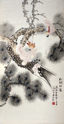 【已售】凌雪三尺花鳥畫《松間棲禽》