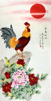 北京美協凌雪四尺雄雞牡丹圖《金雞報曉》