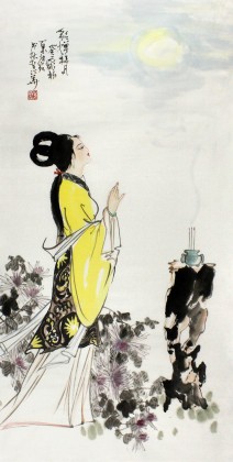 河南美協董書林三尺仕女國畫《貂蟬拜月》