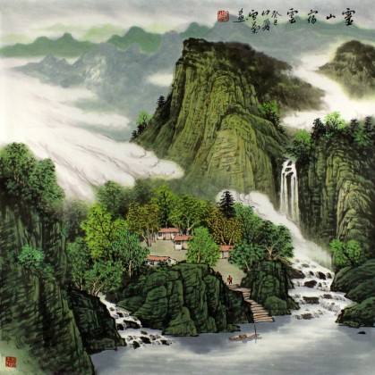 安徽美協何華賢四尺斗方青綠山水畫《靈山宿云》