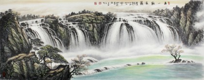 張慧仁小六尺瀑布風(fēng)水畫《春山觀瀑圖》