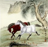 【已售】著名工筆畫家趙逸梅四尺斗方駿馬《雙駿圖》