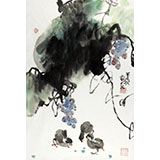 【已售】劉紀(jì) 四尺三開葡萄大雞圖《碩果吉祥》 中國畫大家 真跡收藏
