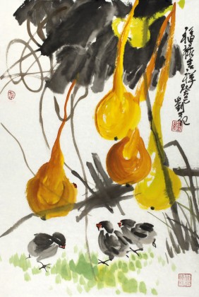 【已售】劉紀四尺三開葫蘆大雞圖《福祿吉祥》