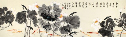 著名花鳥畫家曲逸之六尺對開墨荷《荷葉羅裙一色裁》