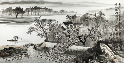 黃奇松四尺水墨山水畫《兩岸青山聚米多》