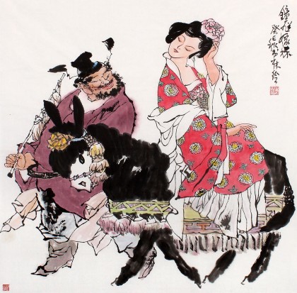 董書林四尺斗方鐘馗人物畫《鐘馗嫁妹》