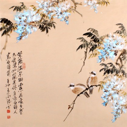 河南美協王向陽四尺斗方紫氣東來《紫藤滿架》