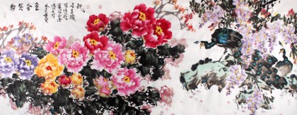著名花鳥畫家曲逸之小八尺《粉紫含金》