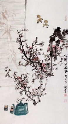 李勝春三尺梅花國畫品茶圖《心清可品茶》