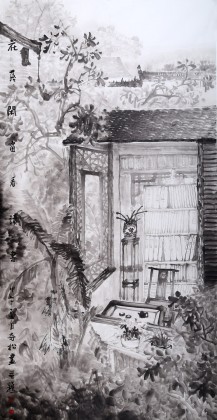 民盟美協(xié)理事黃奇松四尺《花落閑窗看讀書》