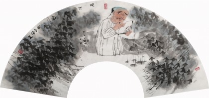 當代水墨漫畫名家 強春云扇畫《觀竹圖》