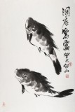 花鳥畫名家李紹山 四尺三開水墨魚《洞底驚雷》