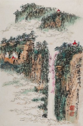 李明成四尺三開寫意山水畫《泰山煙云》
