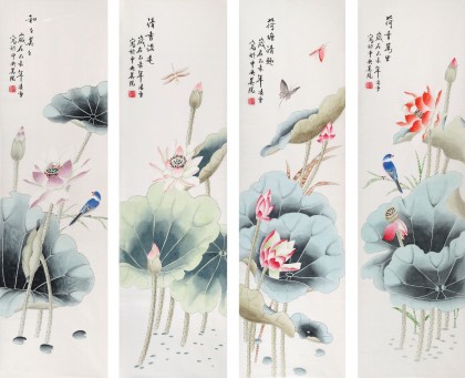 【已售】北京美協凌雪四條屏花鳥畫《清香溢遠》