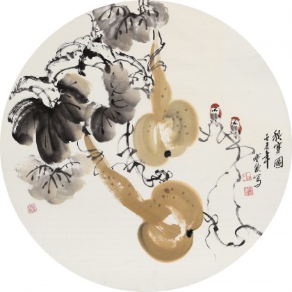 王寶欽 四尺團(tuán)扇葫蘆《秋實圖》當(dāng)代花鳥牡丹畫名家（詢價）