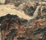 何實 四尺三開《放舟秋色兩岸紅》 吉林著名山水畫家