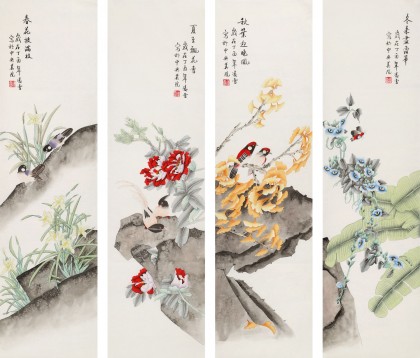 凌雪 四條屏《四季花鳥》 北京美協會員
