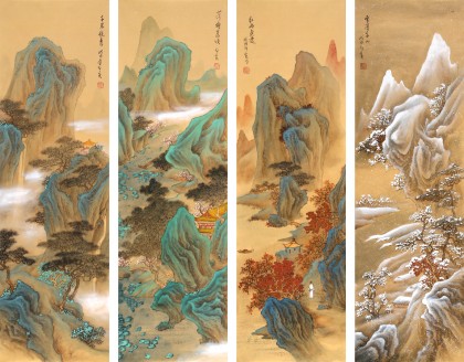 【已售】何實 四條屏《春夏秋冬》吉林著名山水畫家