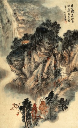 何實 四尺三開《百丈飛泉》 吉林著名山水畫家