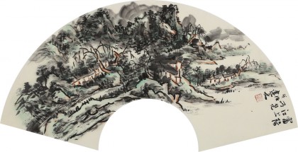 【已售】張建文 扇面《富陽江上所見》 中美協會員 清華美院高研班導師