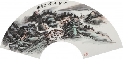 【已售】張建文 扇面《江南風景》中美協會員 清華美院高研班導師