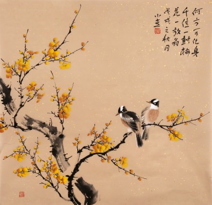 【已售】皇甫小喜 四尺斗方《梅林雙棲》 河南著名花鳥畫家