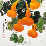 【已售】黃藝三尺斗方招財辟邪葫蘆畫《五福臨門》