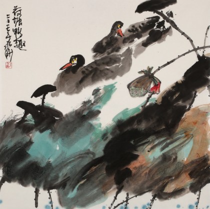 【已售】王永剛 四尺斗方《荷塘鴨趣》 國家一級美術師