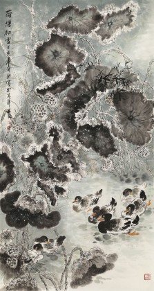 【已售】王寶欽六尺《荷塘初雪》當(dāng)代花鳥(niǎo)牡丹畫(huà)名家（詢價(jià)）