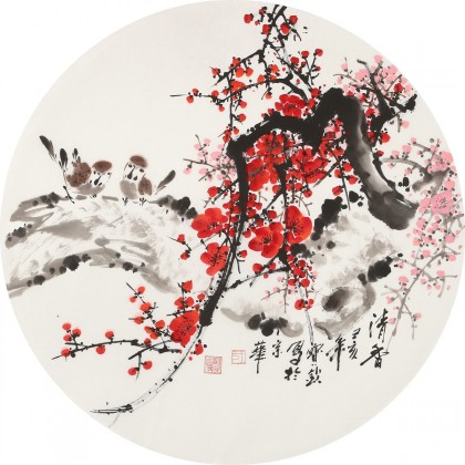 【已售】王寶欽 四尺團(tuán)扇梅花《清香》當(dāng)代花鳥(niǎo)牡丹畫(huà)名家（詢價(jià)）