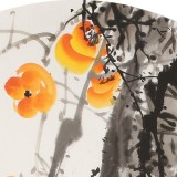 【已售】王寶欽 四尺團扇柿子《萬事如意》當(dāng)代花鳥牡丹畫名家（詢價）