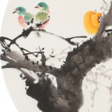 【已售】王寶欽 四尺團扇柿子《萬事如意》當(dāng)代花鳥牡丹畫名家（詢價）