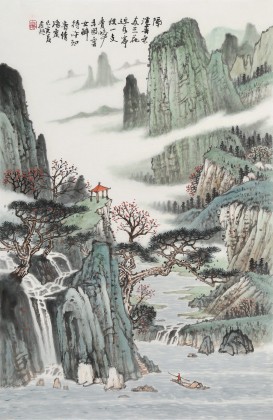 廖崧越 四尺三開《隔溪春色兩三花》 廣西桂林美協會員