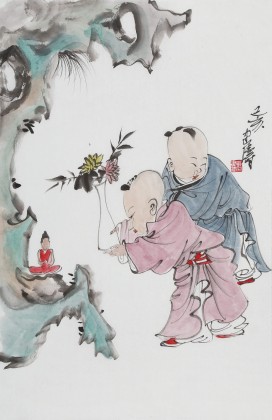 曹建濤 四尺三開《獻佛圖》 獨具特色水墨人物畫家