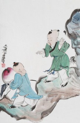 曹建濤 四尺三開《獻壽圖》 獨具特色水墨人物畫家
