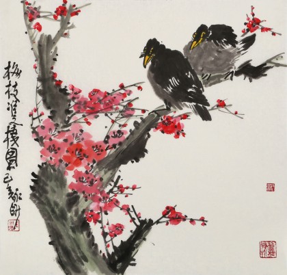 【已售】王永剛 三尺斗方《梅枝雙棲圖》 國家一級(jí)美術(shù)師（詢價(jià)）