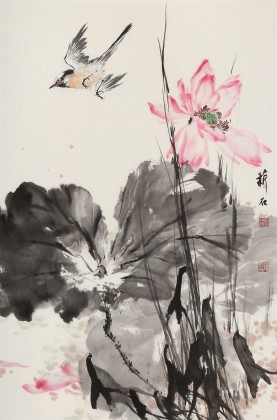 【已售】陳薪名《荷風清遠》中美協會員 第六屆全國花鳥畫展金獎獲得者