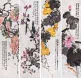 曲逸之 四條屏《紫氣東來》 河南省著名花鳥畫家
